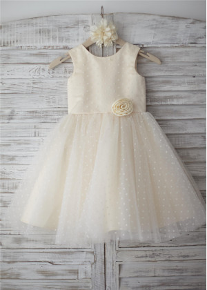 Ivory Polka Dot Tulle Champagne Lining Knee Length Flower Girl Dress